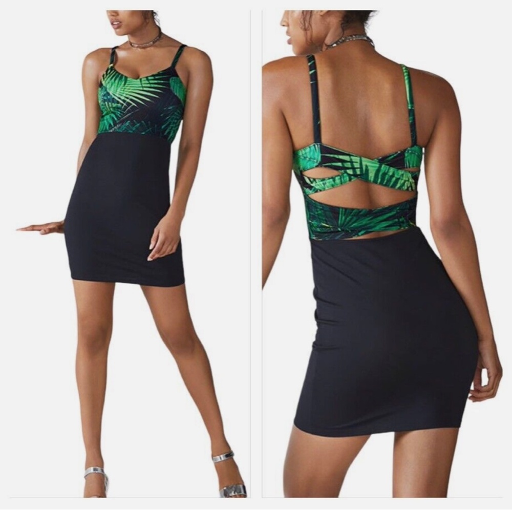 Strappy Body Con Fabletics Dress Tropical Print and Black